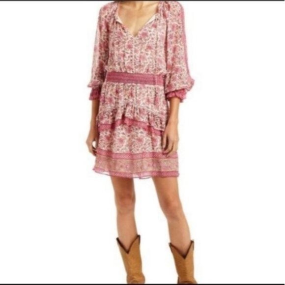 Anthropologie Love The Label Tippy Border Floral Flowy Boho Mini V Neck  Dress - Picture 3 of 3